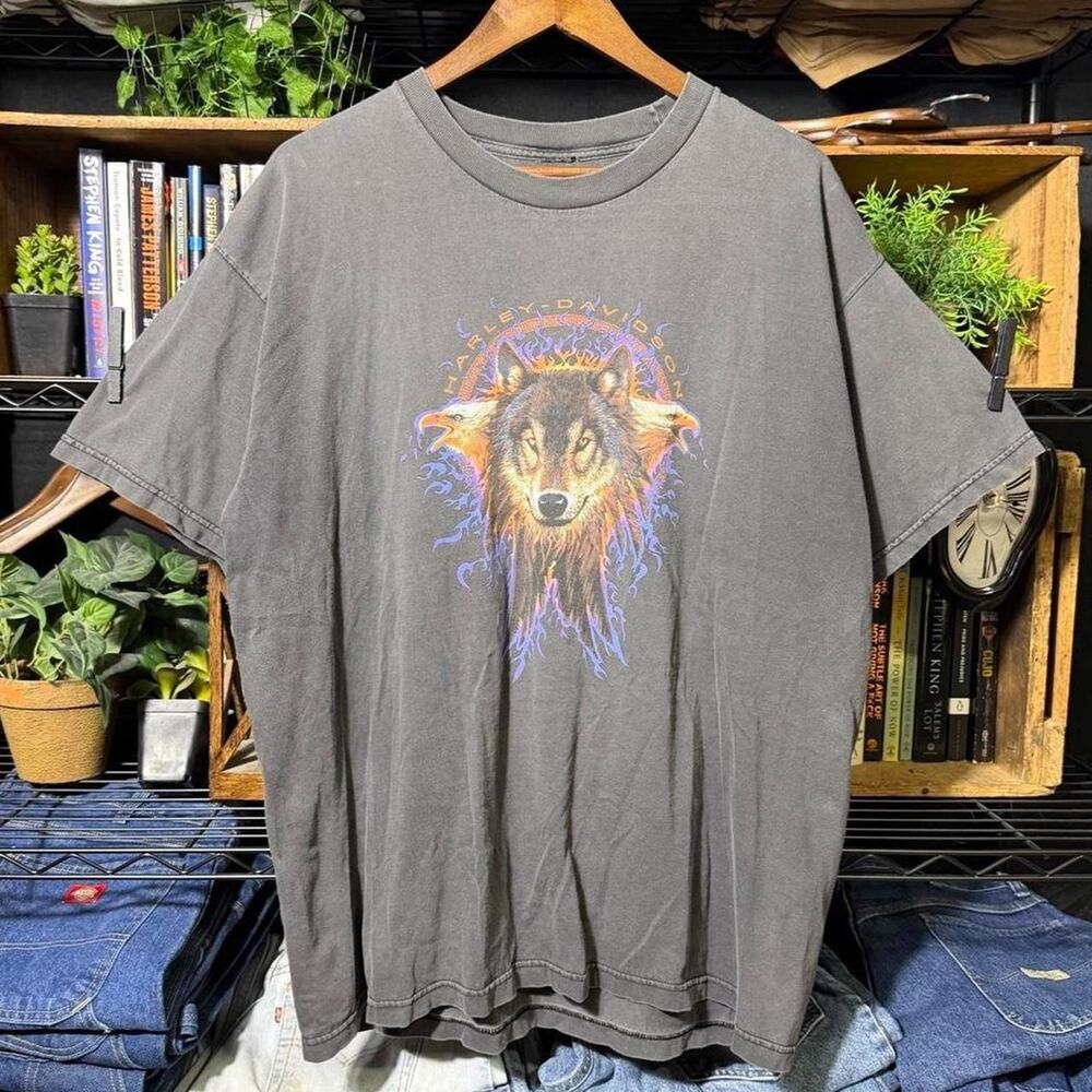 Vintage 90s Harley Davidson Double Eagle Wolf Flames Tee Faded Black Biker Shirt